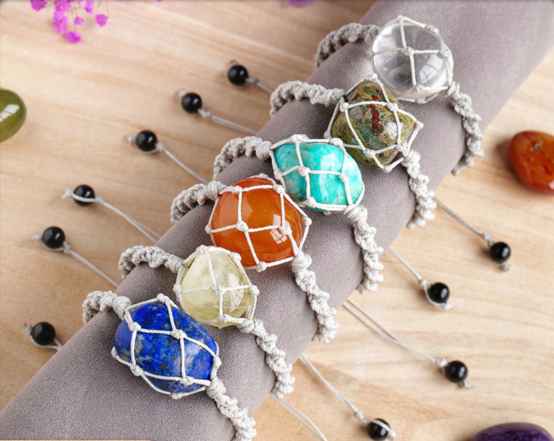 Handmade Macrame Gemstone Natural Crystal Stone Net Bracelet - Variety Quartz | Spiritual Jewellry | Zen Zone Buddhist Shop