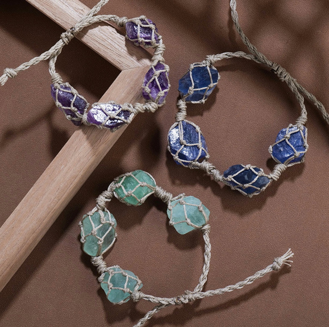 Handmade Macrame 4 Gemstones Natural Healing Crystal Stone Net Energy Bracelet - Variety Quartz | Spiritual Jewellery Friendship Bracelet | Zen Zone Buddhist Shop