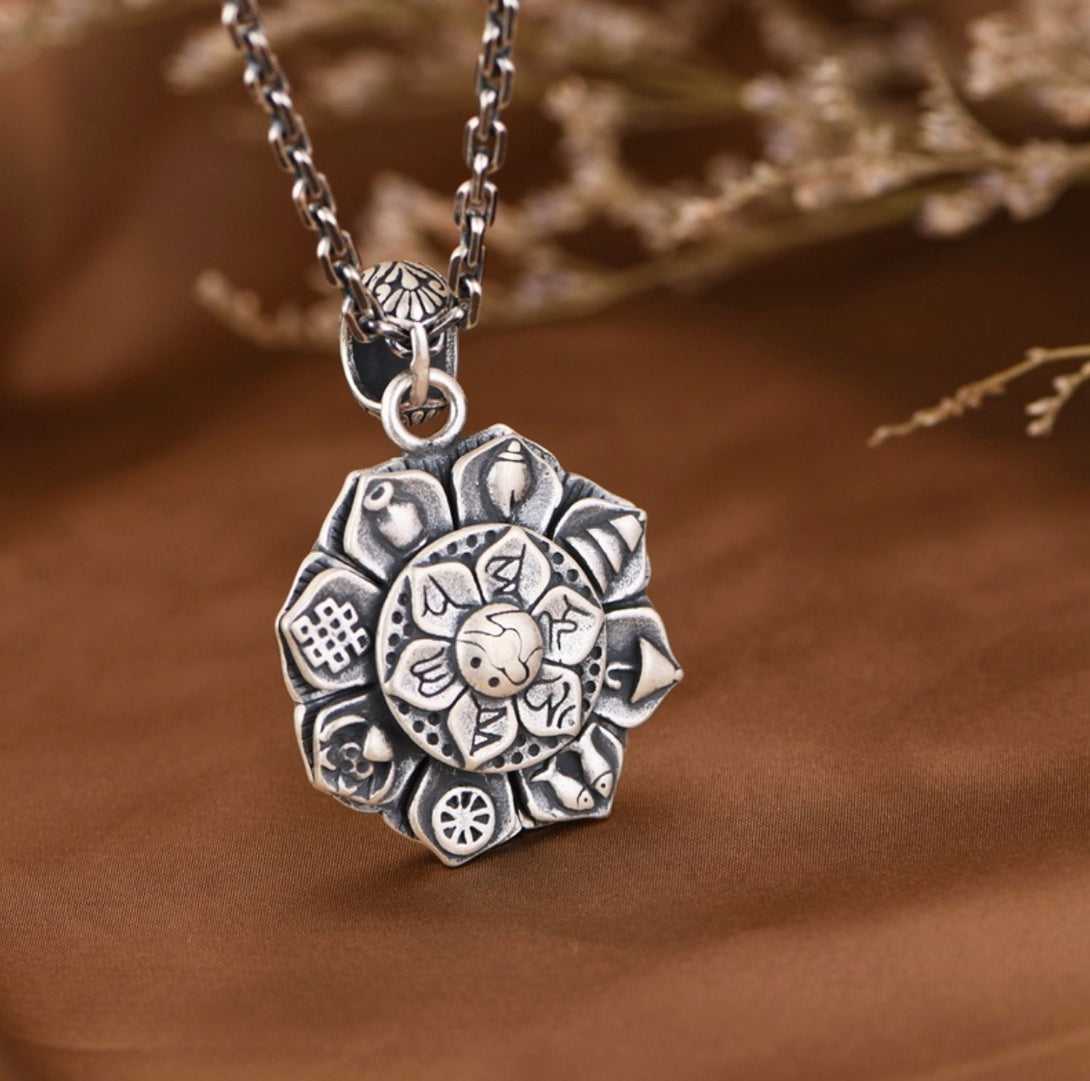 S990 Retro Eight Auspicious Om Mani Padme Hum Vajra Lotus Pure Silver Pendant | Buddhist Jewellery | Zen Zone Buddhist Shop