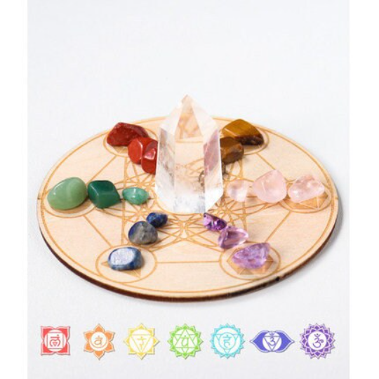 White Crystal Towers with Rainbow Gemstones on a Wooden Crystal Grid Board - Seven Star Formation