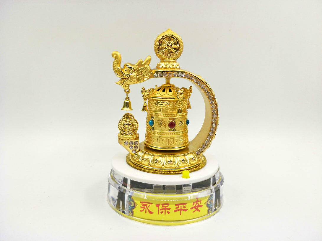 Solar-Powered Dragon and Prayer Wheel Ornament  - Car Dashboard Décor | Zen Zone Buddhist Shop