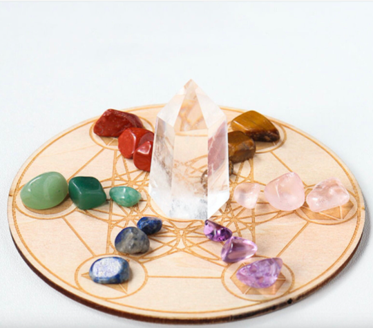 White Crystal Towers with Rainbow Gemstones on a Wooden Crystal Grid Board - Seven Star Formation