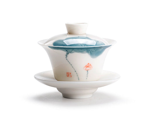Hand-painted Jade White Lotus Porcelain Covered Cup & Tea Mug