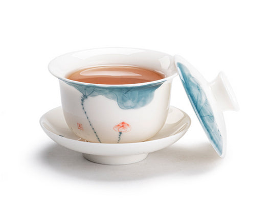 Hand-painted Jade White Lotus Porcelain Covered Cup & Tea Mug