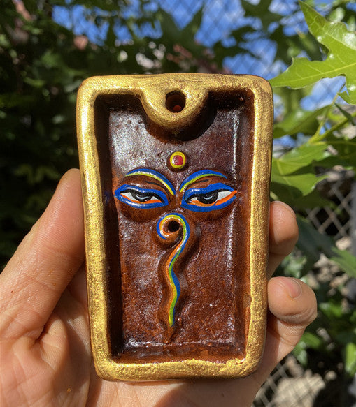 Handcrafted Nepali Golden Clay Shiv's Eye Square Incense Holder with Gold Plating