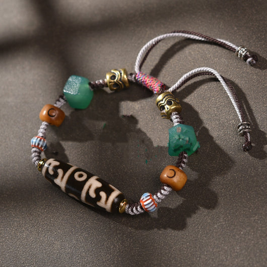 Tibetan Agate Dzi Bead Handmade Bracelet with Gau- Exquisite Handmade Jewelry from Tibet with Agate Beads and Stylish Tassel
