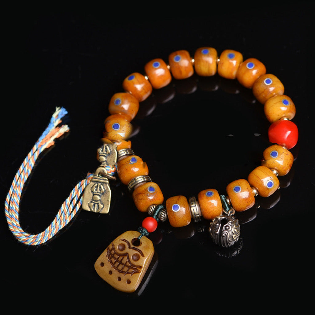 Tibetan Antique Agate Dzi Bracelet with Inlaid Lapis Lazuli - Authentic Natural Bead Jewelry