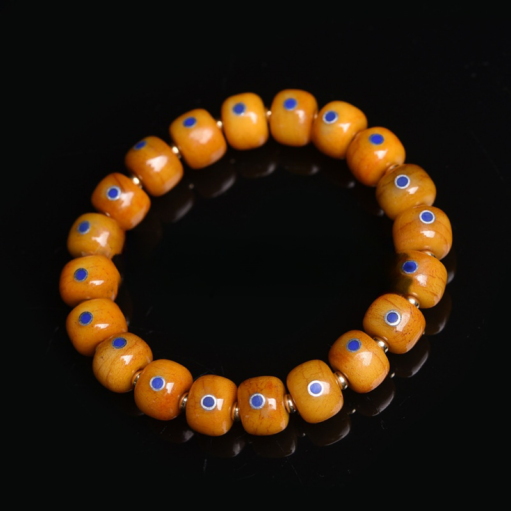 Tibetan Antique Agate Dzi Bracelet with Inlaid Lapis Lazuli - Authentic Natural Bead Jewelry